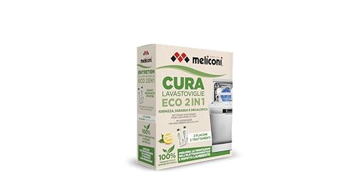 Meliconi Cura Lavavajillas Líquido Eco 2-en-1, Desinfectante y Antical Limpia Lavavajillas, Fórmula Natural, Prolonga la Vida del Electrodoméstico, Paquete de 2 Botellas