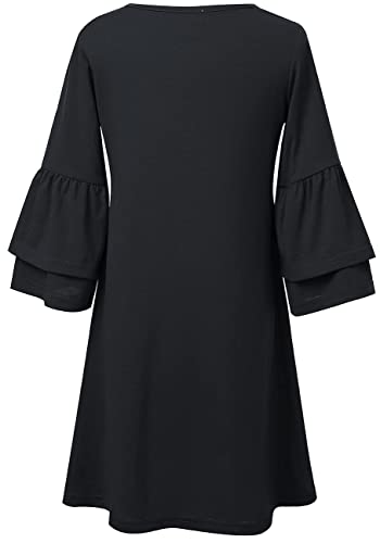 Kilottor Girls Dress Sweet Cute Round Neck Bell Sleeve Shift Dress Mini Dress 13 Years 14 Years Kc105 (Black, 13-14Y) #TOP4