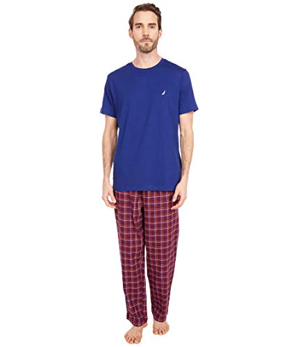 Nautica Men's Plaid Fleece Pant Pajama Set, Navy, Large
