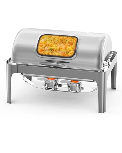 GarveeHome Roll Top Chafing Dish Buffet Set Rectangular, 9QT Stainless Steel Catering Food Warmers with Glass Window for Wedding, Parties, Banquet, Events, Full Size, Silver