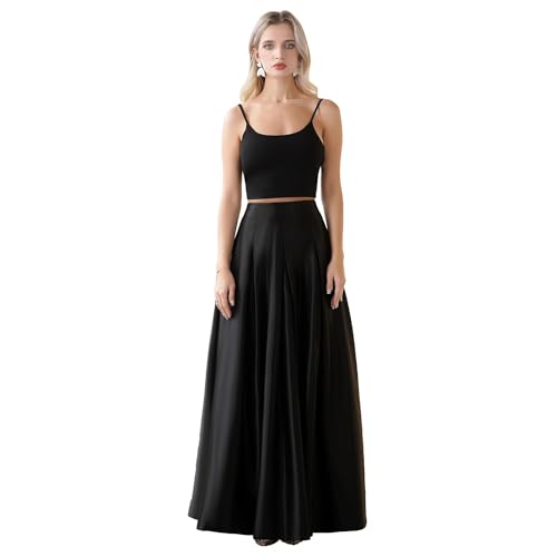 Women's Long Fashion High Waist A-Line Floor Length Satin Skirts with Pockets