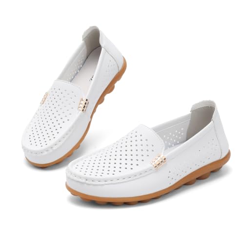 Image of Women's Comfortable & Lightweight Leather Loafers Slip-Ons Driving Walking Mocs Boat Shoes Cute Business Casual Dress Shoes Work Flats for Women