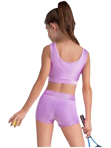 Girls Gymnastics Dance 2 Piece Shiny Metallic Set Crop Tank Top And Booty Shorts for Tennis Sports Lavender 14 Years3
