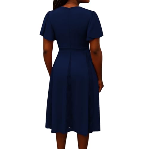 Image of Womens Navy Blue Cocktail Prom Dresses 2025 Summer Sexy V Neck Lace Maternity Clothes Formal Wrap Wedding Guest Bridesmaid Midi Dress,Large