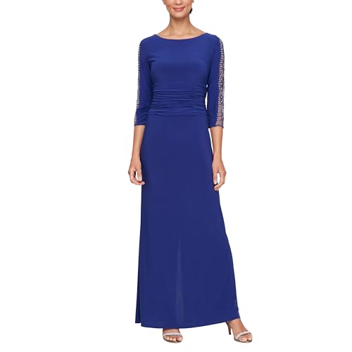 Image of S.L. Fashions Women's Long Length Ruched Waist Formal Evening Dress with Beaded Illusion Sleeves (Petite and Regular Sizes)