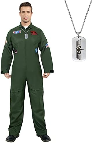 bcehyaa Flight Suit Costume Men Fighter Pilot Jumpsuit Halloween Cosplay Costume for Adult,with Dog Tags Militar Necklace