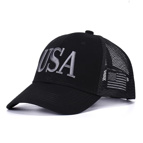 Image of USA Trucker Hat for Men & Women American Flag Cap Adjustable Baseball Cap Mesh Snap Patriotic 3D Embroidered Cap