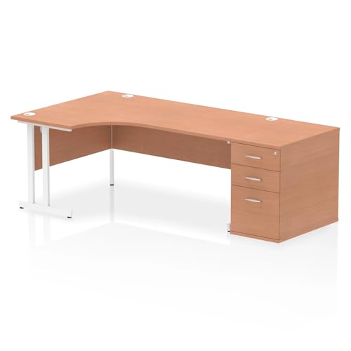 Image of Mr Office Impulse Left Crescent Desk, White Cantilever Leg Workstation - with 800mm pedestal, Beech, 1800