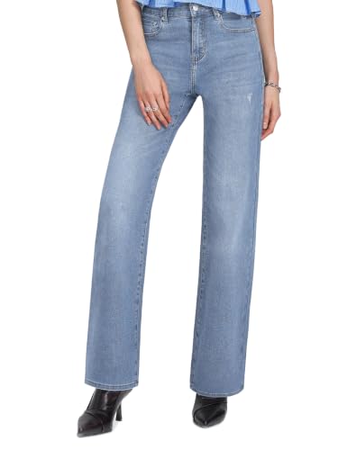 Image of Chasehot Straight Leg Jeans for Women, High Waisted Stretchy Ripped Jeans Relaxed-fit Trendy Wide Leg Boyfriend Mom Cute Ladies Denim Pants, 30 Inch Inseam-Iceland Blue-Size 14