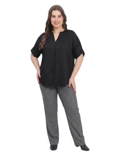 Image of SINDOORI Relaxed Fit Tops for Women Plus Size Solid Printed Mandarin Collar, Band Collar, V-Neck Top, Half Sleeve Loose Fit