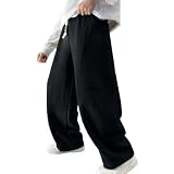 Pantalon Taille élastique Enfant Garçon Baggy Fashion Pantalon Large Garcon avec Poche Ample Chic Décontractés Confort Casual Vacances Streetwear Jogging Sport Ado Trousers (Black, 15-16 Ans)