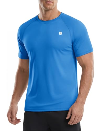 PINSPARK Men's Workout Shirts UPF 50+ Quick Dry Moisture Wicking Shirts for Men Athletic Running Short Sleeve Gym Tee Tops L Sea Blue