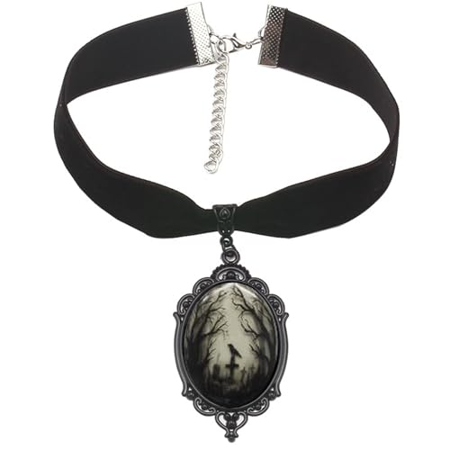 PINK TOWN Gothic Velvet Raven Cross Glass Pendant Necklace,Vintage Victorian Bat Choker Necklace Goth Rope Chain Crow Choker Mystic Witch Halloween Jewelry Gift Accessories