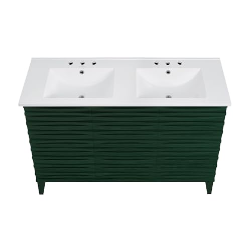 Image of Swiss Madison Cascade 48 inch Freestanding Bathroom Vanity in Green Oak with 3-Hole Widespread Double Basin Sink Top