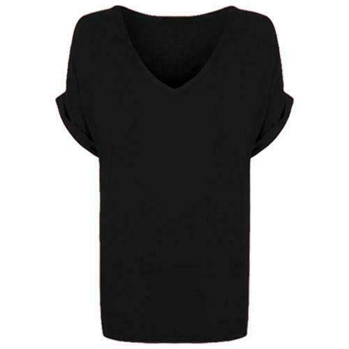 Shop Nova® Women's New Plus Size Womens Short Turn Up Sleeve Baggy Plain Top Ladies V-Neck T-Shirt 8-26 (Black, 16)