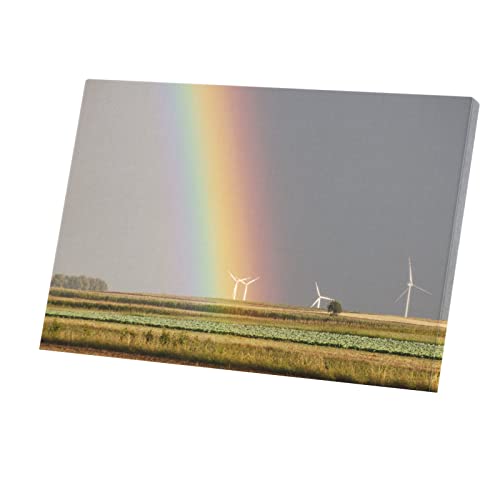 Tableau déco toile imprimée arc-en-ciel sur éolienne 90x60 cm pour salon