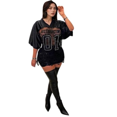 Lace Jersey Shirts for Women Number Print Cute Summer Tops Casual Sheer Short Sleeve Oversized Tshirts Streetwear