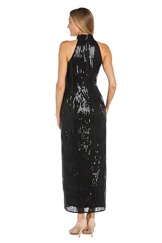 Image of R&M Richards Women's Sequined High-Neck Fringe Column Gown - Elegant Evening Dress for Formal Galas & Special Events