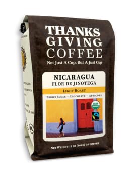 Café de Acción de Gracias "Nicaragua Flor de Jinotega Light Roast" tostado ligero, comercio justo, orgánico cultivado a sombra, café entero, bolsa