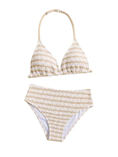 Image of RoseSeek Girl's Tie Dye Smocked 2 Piece Swimwear Sets Backless Halter Bikini Cute Brief Bathing Suit