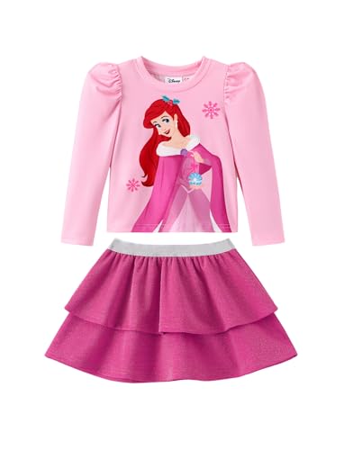 Disney Princess Ariel Toddler Girl 2 Piece Outfit Puff Long Sleeve Top & Hot Pink Sparkly Skirt Set Birthday Party Dress Fall Winter Clothes 3T