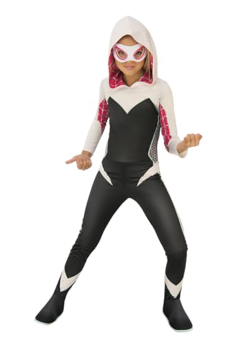 Rubies Spider Gwen Classic - Disfraz para niñas, Jumpsuit con capucha, cubrebotas y antifaz, Oficial Marvel para Carnaval, Halloween y cumpleaños