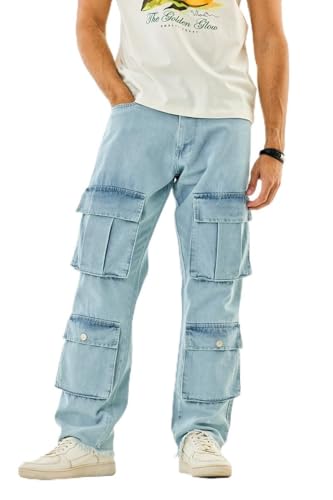 Image of SNITCH Men Cargo Pants | Baggy Fit with Multiple Utility Pockets & Turned-Up Cuffs | Cotton Blend Fabric for Streetwear & Casual Outings