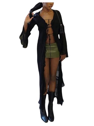 GORGLITTER Women's Gothic Tie Front Mesh Tops Sexy Bell Long Sleeve Ruffle Sheer Cardigan