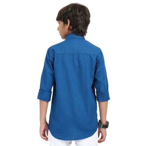 Image of ROCKET SCIENCE Boys Single Pocket Shirt | Regular Fit, Spread Collar, Full Sleeves, 100% Cotton Linen Fabric Royal Blue