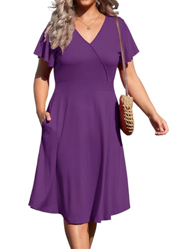 Image of Women's Plus Size Summer Dresses V Neck Ruffle Short Sleeve Casual Wrap A Line Midi Dress with Pockets