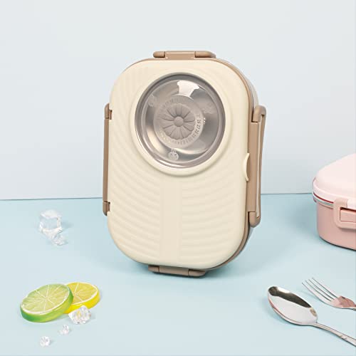 Puraville Stainless Steel Bento Lunch Box For Kids And Adults,Stackable Bpa-Free Food Containers With 3 Compartments And Reusable Sauce Bowl, Fork And Spoon, (1000Ml/34Oz,Cream) #TOP3