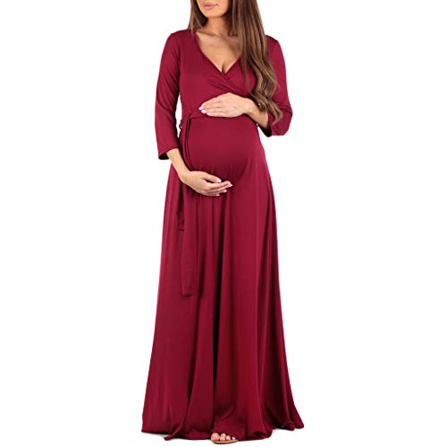 Mother Bee Maternity Faux Wrap Maternity Dress with Adjustable Belt for Baby Shower Or Casual Wear (Burgundy, Small)