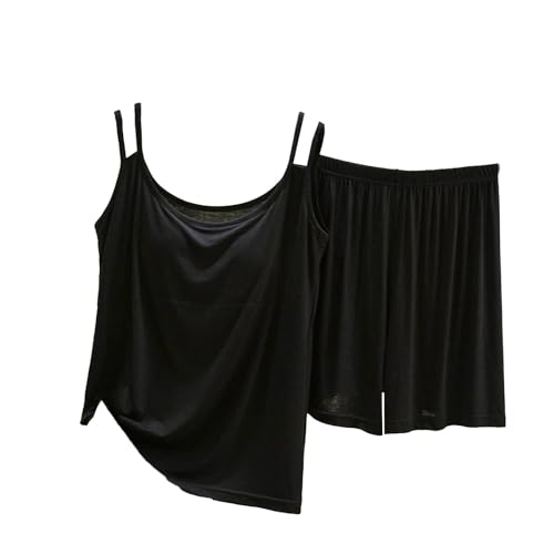 Short Sets For Women's Pajama Build In Bra Suspender Shorts Fashion Solid Soft Sleepwear Summer Casual Loungewear Black