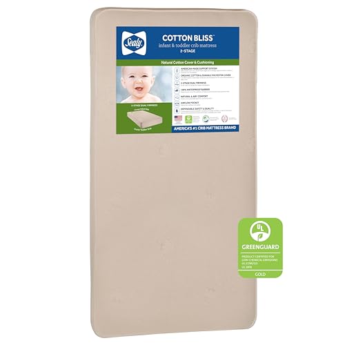 Sealy Baby Cotton Bliss Breathable 2 Stage Waterproof Crib Mattress plus Toddler Bed Fit, 204 Extra Firm Coils, Organic Cover, GREENGUARD Gold Certified, Safety & Quality Tested, Made in USA, 52'X28'