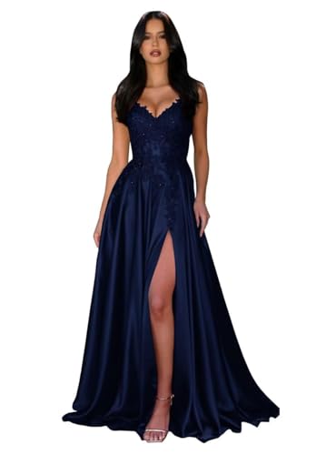 JAEDEN Spaghetti-Träger Satin Ballkleider Damen V-Ausschnitt Perlen Spitze Brautjungfernkleider mit Schlitz Marineblau 32