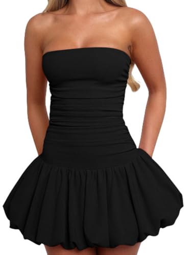 BEAGIMEG Women's Sexy Bodycon Ruched Strapless Tube Top Bubble Dress Club Party Mini Dress