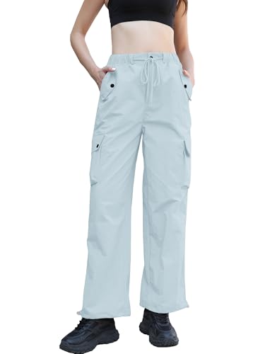 Image of Betusline Girls & Women's High Waist Wide Leg Cargo Pants Y2K Parachute Pants with Pockets and Drawstring 6 Years-Women 2XL