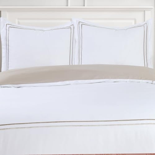 Majestic Giftware Madison Linen 8-Piece Full Size Duvet Bedding Set (BL51-F-3) | Flora Hotel Collection-White-Taupe Embroidery 400 TC Cotton Sateen | 2 Fitted Sheets, 2 Duvets, 4 Pillowcases