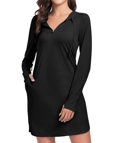 WOWENY Vestido de playa para mujer, bikini cubierto, protección solar, poncho de playa, verano, sudadera con capucha con bolsillos y capucha, ropa de baño deportiva, ligera, camiseta corta, Negro , M