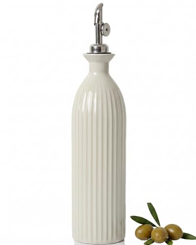 UDNORDGLOW Ceramic Olive Oil Dispenser Bottle,17 oz Stoneware Relief oil container for kitchen with Stainless Gravity Spout, Suitable for Cooking,Sauce,syrup - Reactive White