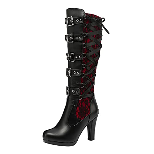 LLonGao Damen Halbstiefel Spitze Patchwork Lederstiefel mit Gürtel...
