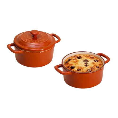 Image of CUMIN CO. Ceramic Mini Cocottes | Set of 2 | Non Toxic Bakeware | Enamel Coated Mini Pot for Lava Cake | Free Accessories | Induction, Micro & Oven Safe | Color: Rust