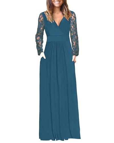 Image of AUSELILY Womens Lace Long Sleeve Maxi Dress V Neck Wrap Waist with Pockets | Lace sleeves, cross-wrap neck flatters, hidden pockets, floor-length maxi for year-round