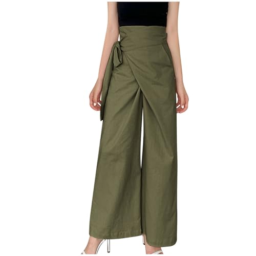 Women's 2024 Trendy High Waist Linen Pants Flowy Wide Leg Palazzo Pants Solid Dressy Fashion Self-tie Belted Pants