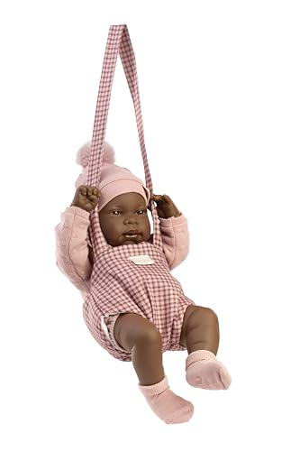 Muñecas Antonio Juan   Recién Nacida Indira con Portabebé, Muñeca Bebé con Gorro Pompón, Outfit Rosa Cuadros Vichy, Accesorios Incluidos