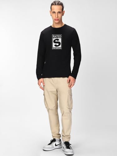 Image of Bewakoof Men Typography Regular Fit Full Sleeve Round Neck Pure Cotton T-Shirt