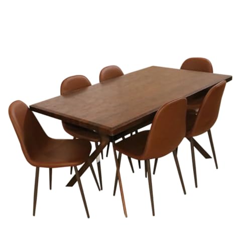 سفرة من 7 قطع، طقم طاولة وكرسي عصري بتصميم منتصف القرن للمنزل والشقة مع 6 كراسي بمقاعد جلدية وأرجل معدنية من ساهابا