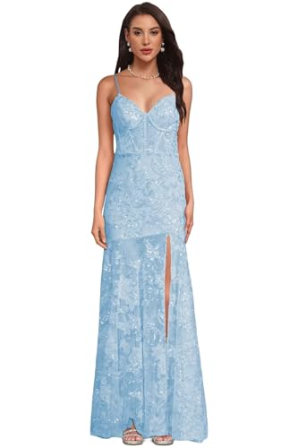 Women's V Neck Prom Dresses Sparkly Sequins Evening Gown Mermaid Tulle Long Formal Party Dress with Slit Light Blue