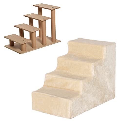PawHut Hundetreppe 4-stufig, 35 cm Katzentreppe für Bett und Sofa, Haustiertreppe für Hunde und Katzen bis 5 kg, Plüschoptik, Beige