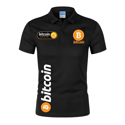 Premium Po.lo T-Shirt Bit.coin，Camiseta Botón Cuello con Logotipo，Ropa Sudoración Ultra Ligera y Transpirable(Black,M)
